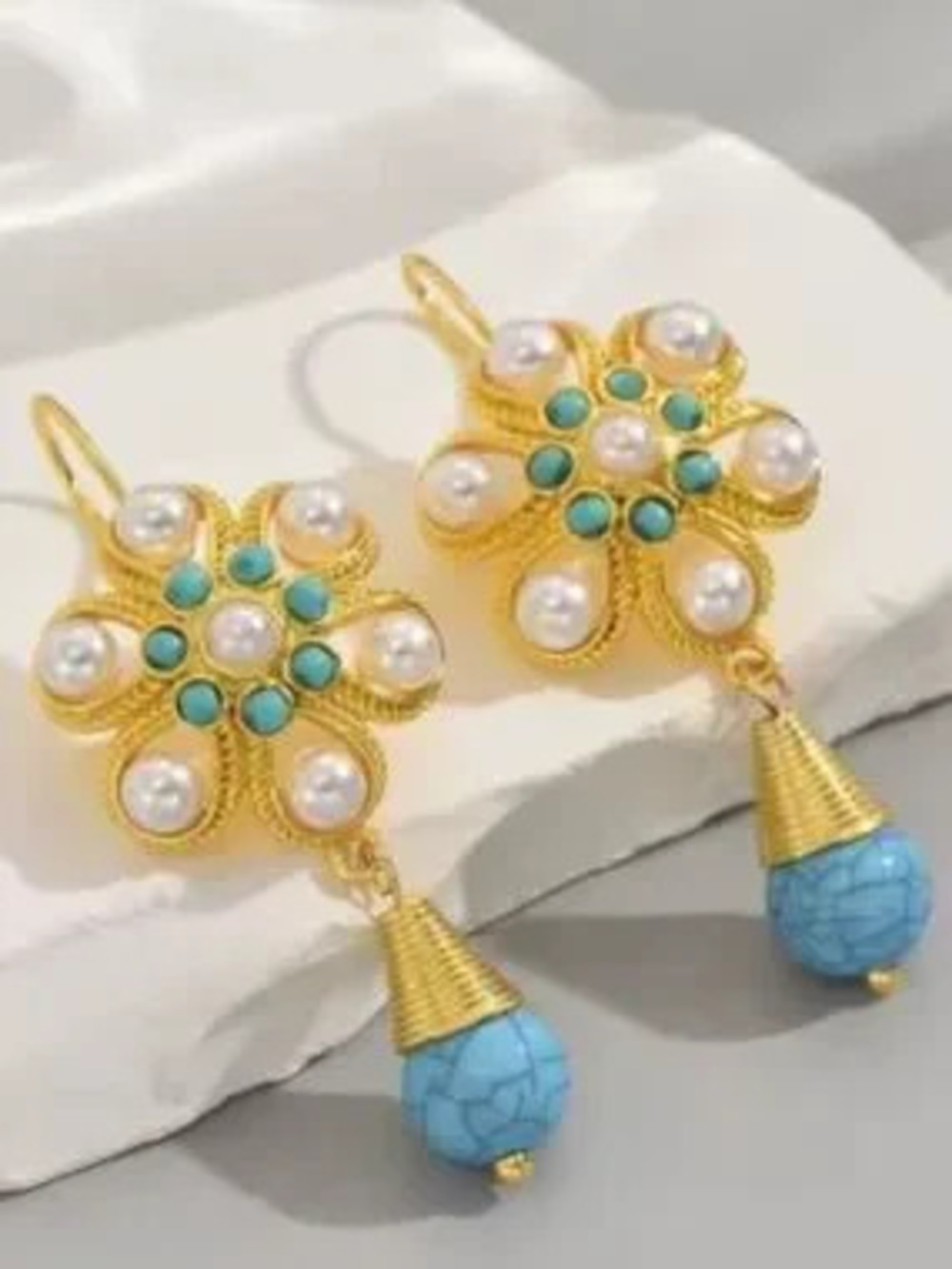 Gold Flower Drop Earrings with Turquoise and Pearl Accents